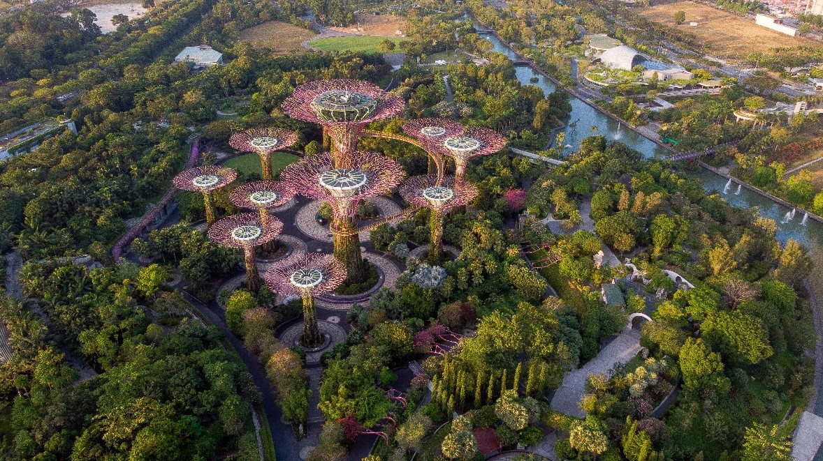 Aerial shot of “Gardens by the Bay” nature park in Singapore.